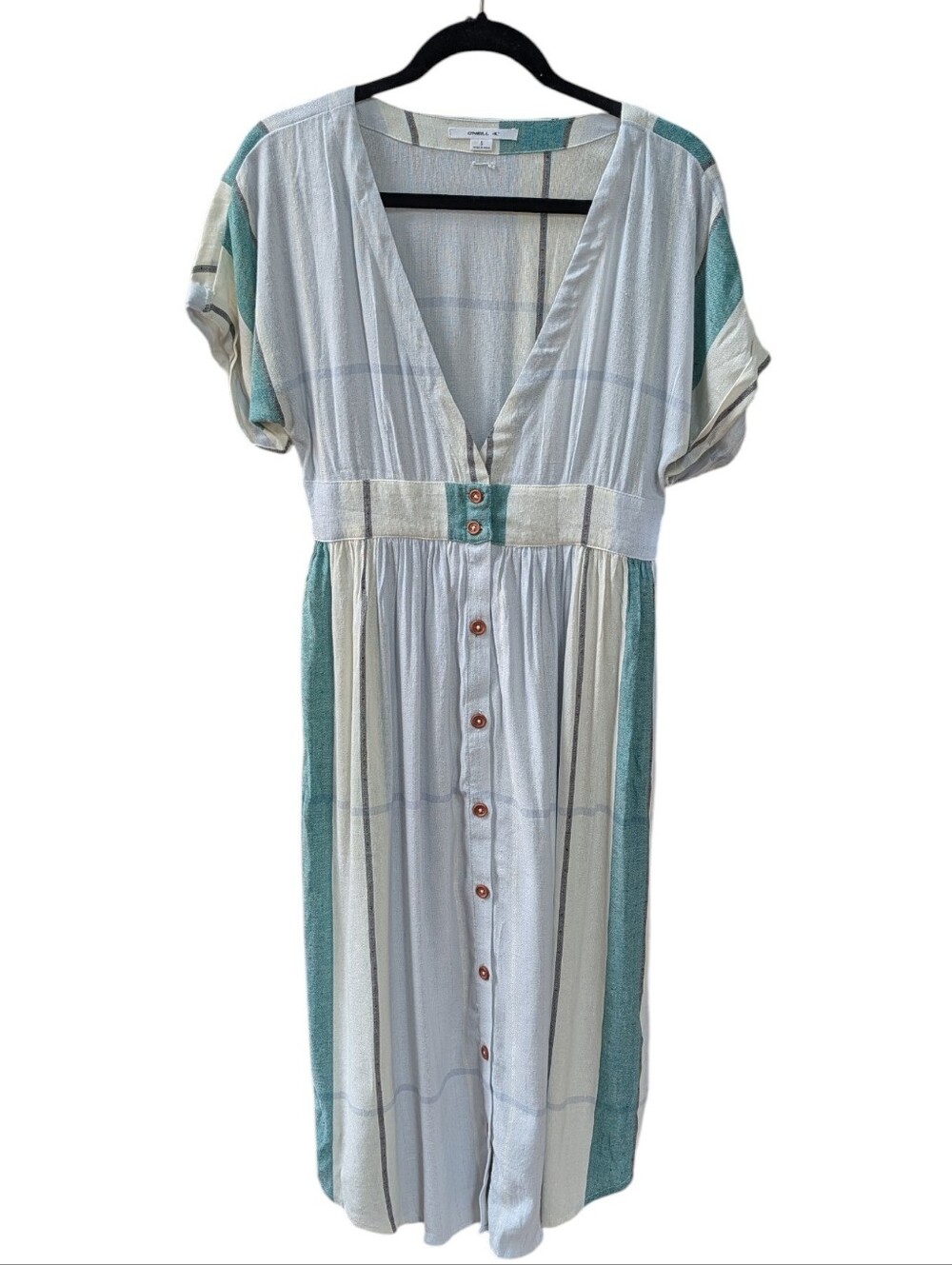 O'Neill, Reid Light Blue And Green Multi-stripe Button-up Midi Dress. Small